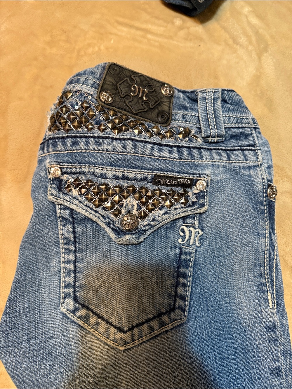 Miss Me Blue Boot Cut Jeans with Studded Rhinestone Pockets